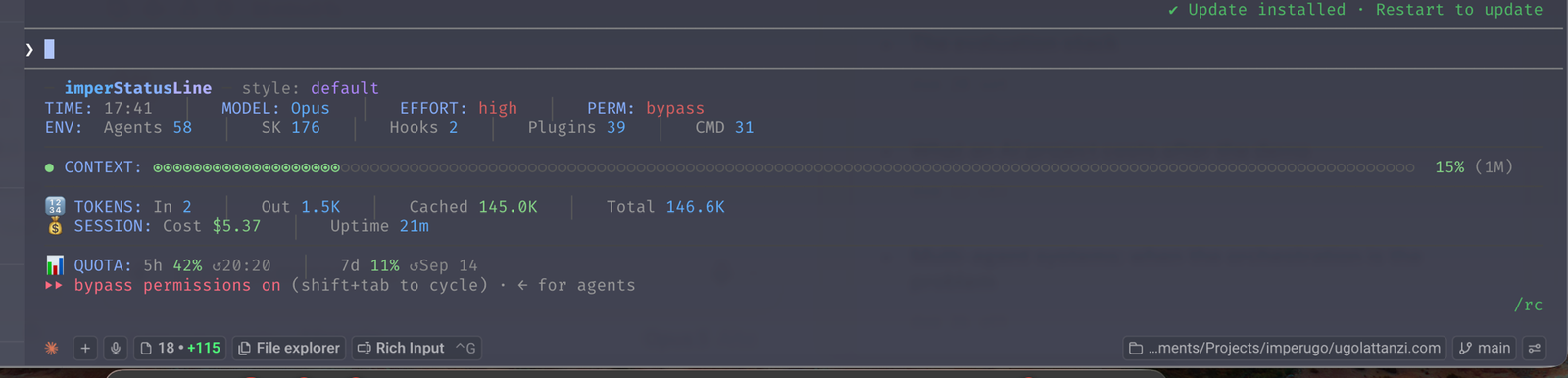 The Claude Code status line across six rows: a header with the active style, then time, model, effort and permission mode, the environment counts, the context bar at 15% of a one-million-token window, the session tokens, the cost, and the five-hour and seven-day quotas.